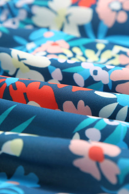 Blue Floral Ruffle Mini Dress with Square Neck