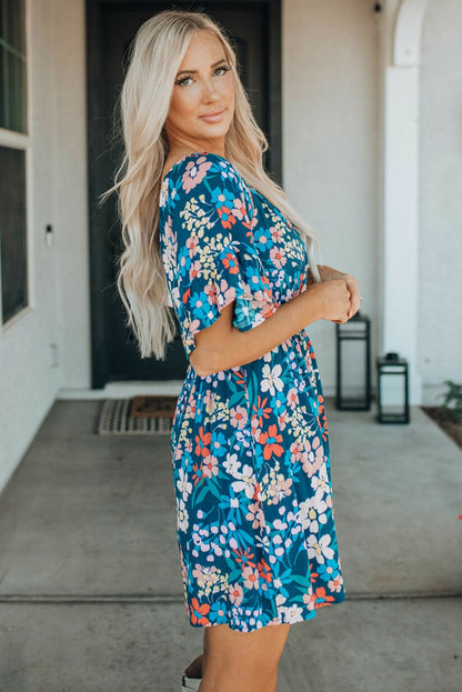 Blue Floral Ruffle Mini Dress with Square Neck