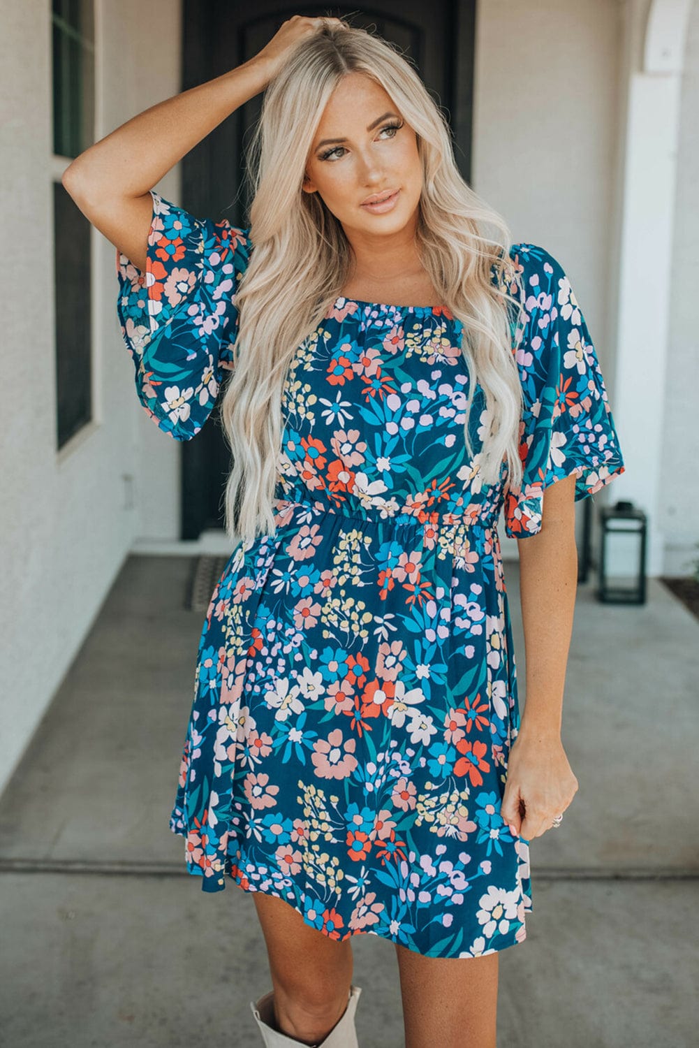 Blue Floral Ruffle Mini Dress with Square Neck