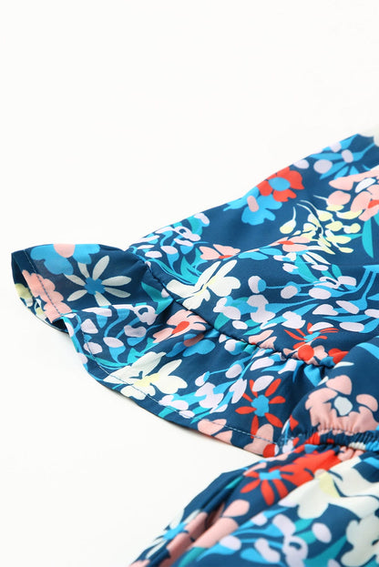 Blue Floral Ruffle Mini Dress with Square Neck