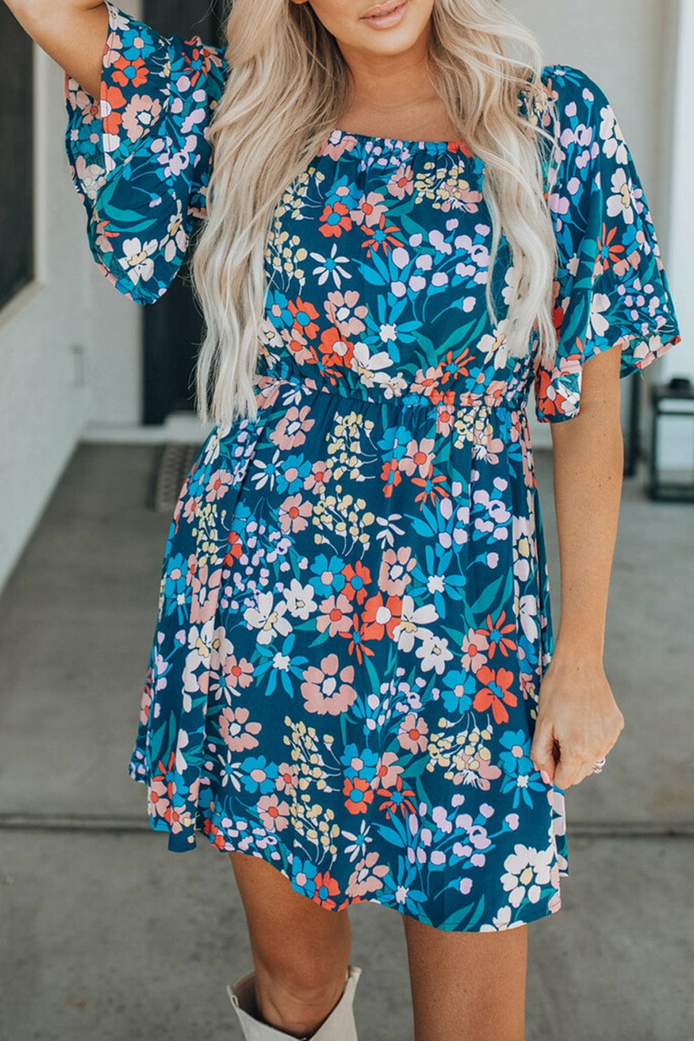 Blue Floral Ruffle Mini Dress with Square Neck