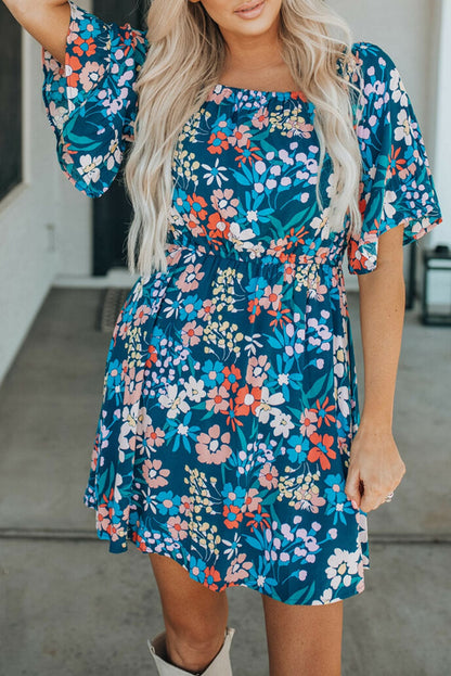 Blue Floral Ruffle Mini Dress with Square Neck