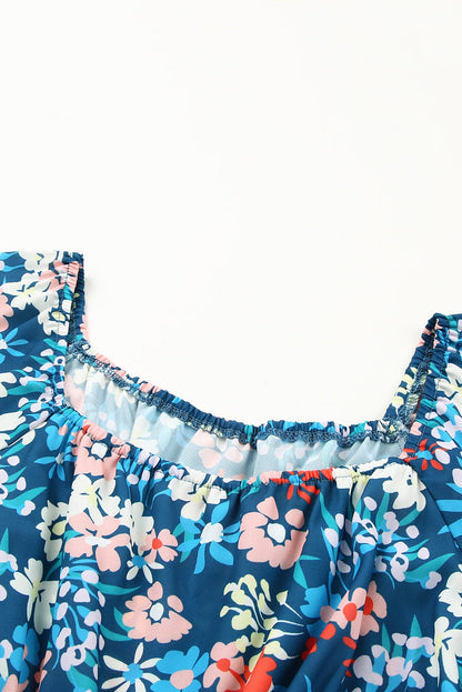 Blue Floral Ruffle Mini Dress with Square Neck
