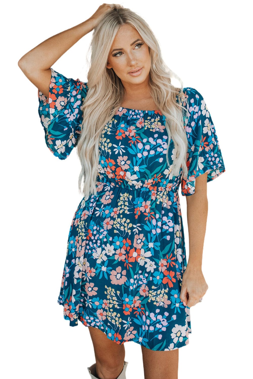 Blue Floral Ruffle Mini Dress with Square Neck