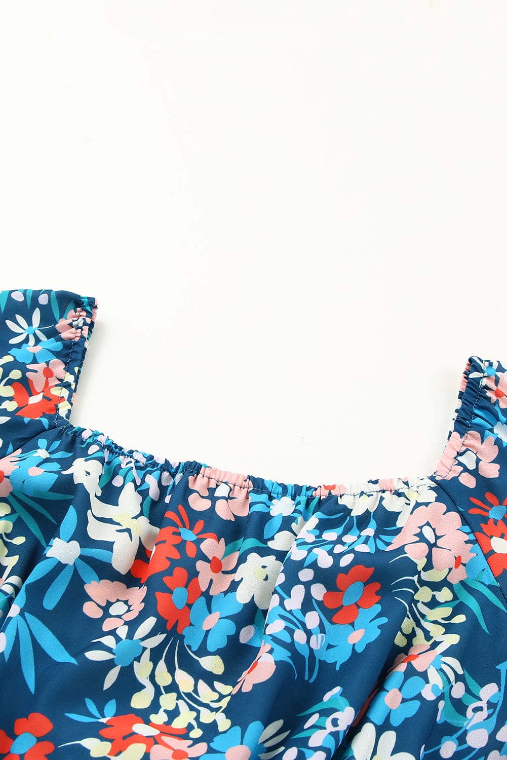 Blue Floral Ruffle Mini Dress with Square Neck