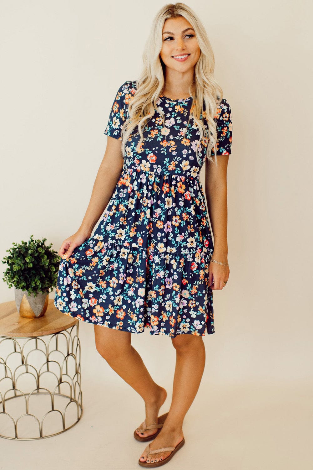 Blue Floral Ruffle Skirt Shift Dress