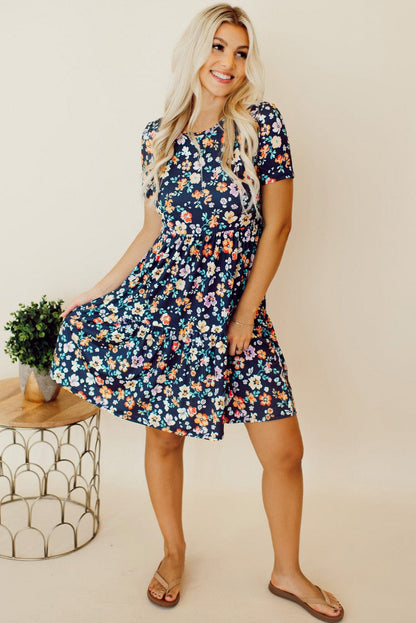 Blue Floral Ruffle Skirt Shift Dress