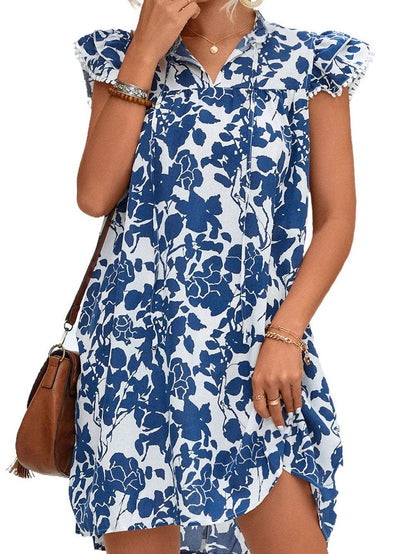 Blue Floral Ruffle Sleeve V-Neck Mini Dress