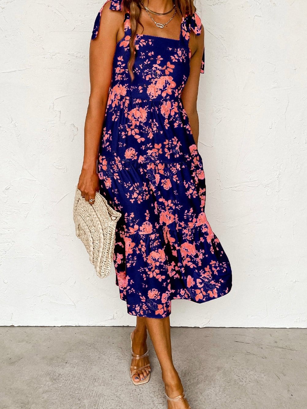 Blue Floral Tie Shoulder Tiered Summer Dress