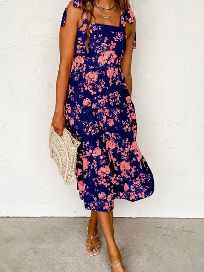 Blue Floral Tie Shoulder Tiered Summer Dress