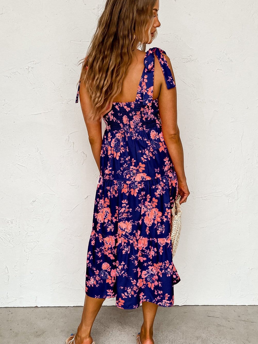Blue Floral Tie Shoulder Tiered Summer Dress