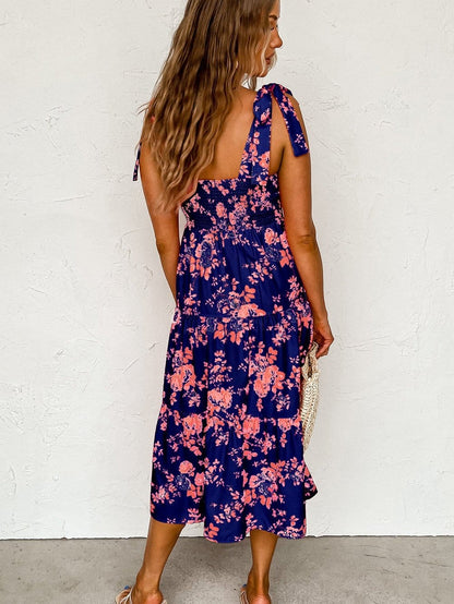 Blue Floral Tie Shoulder Tiered Summer Dress