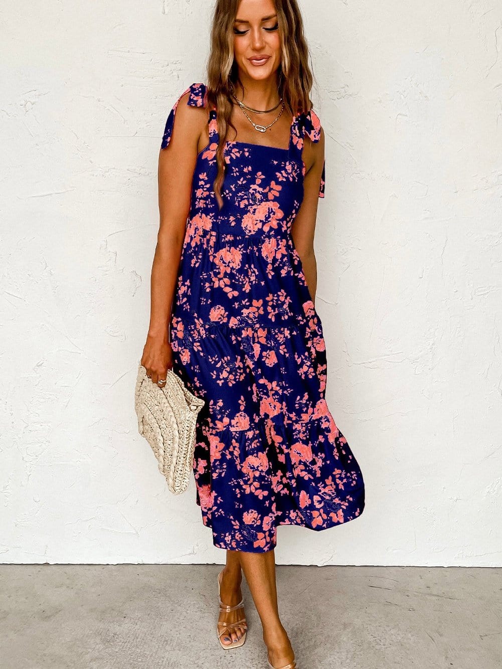 Blue Floral Tie Shoulder Tiered Summer Dress