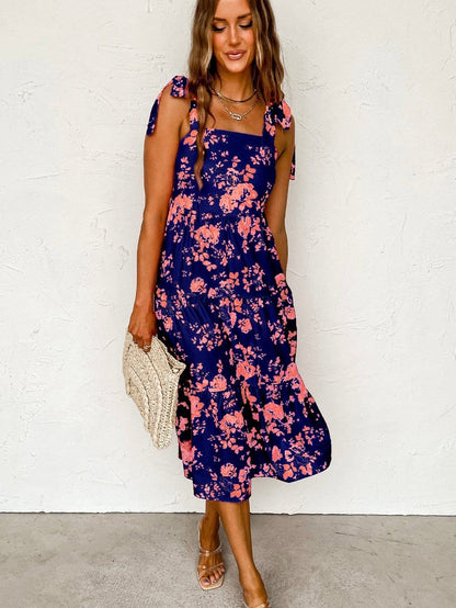 Blue Floral Tie Shoulder Tiered Summer Dress
