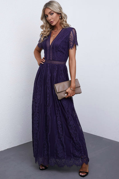 Blue Heart Lace Maxi Dress with Crochet Waistband