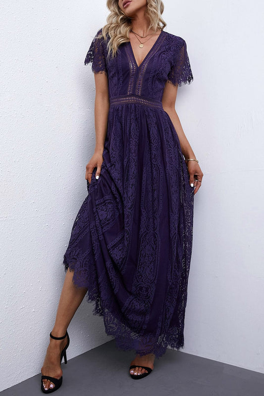 Blue Heart Lace Maxi Dress with Crochet Waistband