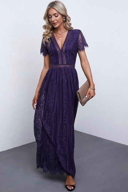 Blue Heart Lace Maxi Dress with Crochet Waistband