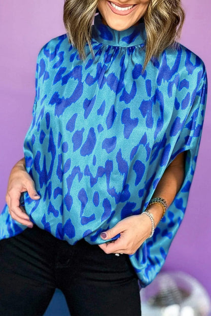 Blue Leopard Mock Neck Satin Blouse