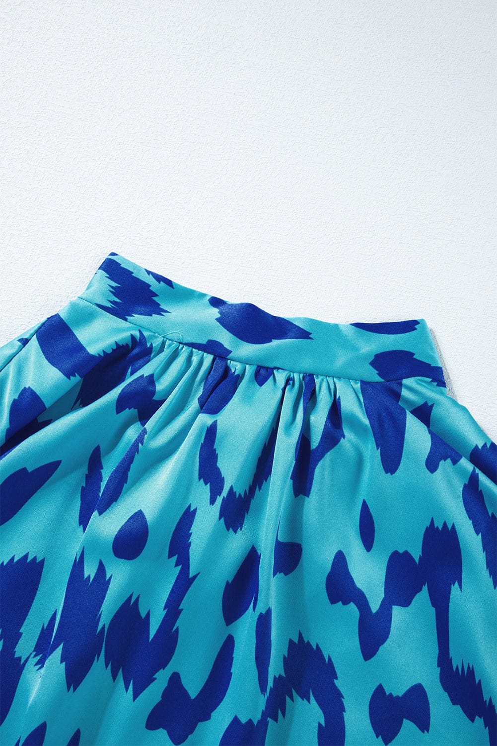 Blue Leopard Mock Neck Satin Blouse