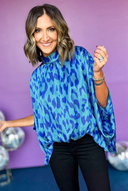 Blue Leopard Mock Neck Satin Blouse