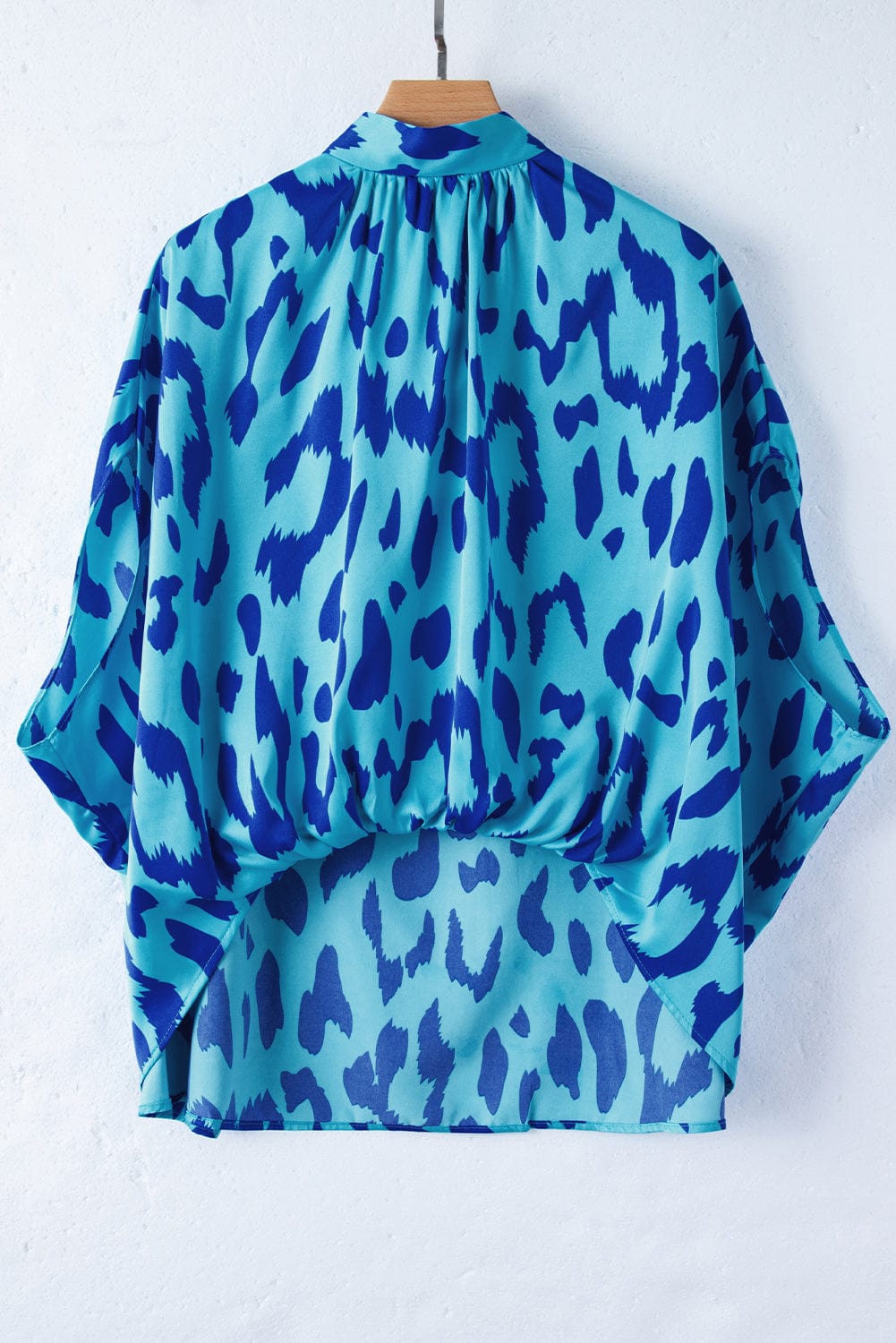 Blue Leopard Mock Neck Satin Blouse