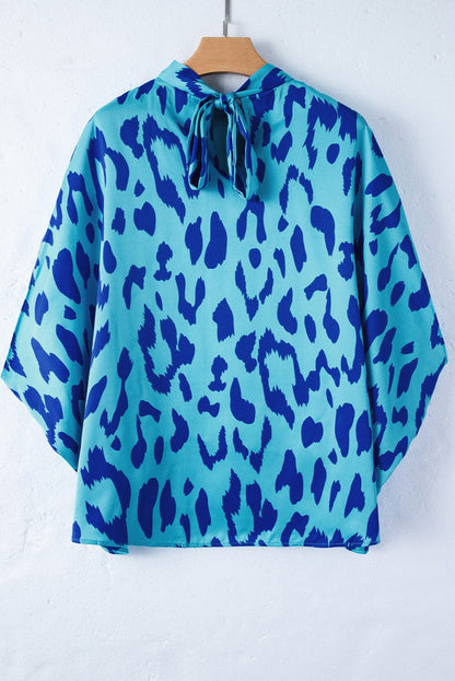 Blue Leopard Mock Neck Satin Blouse