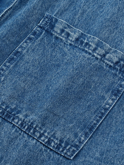 Blue Mineral Wash Denim Shirt Dress with Cuffed Sleeves