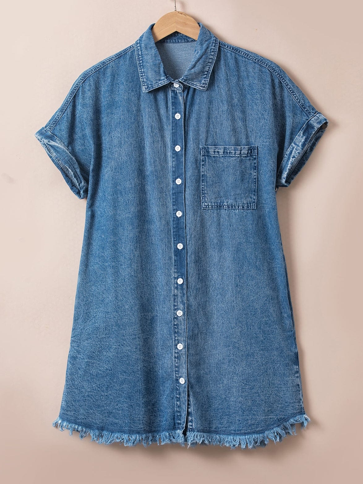 Blue Mineral Wash Denim Shirt Dress with Cuffed Sleeves
