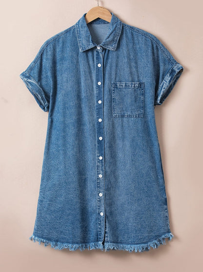 Blue Mineral Wash Denim Shirt Dress with Cuffed Sleeves