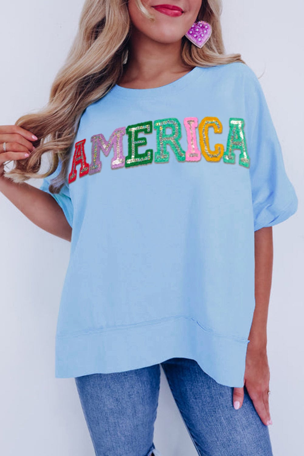 Blue Pastel America Sparkle Embroidered Graphic Tee
