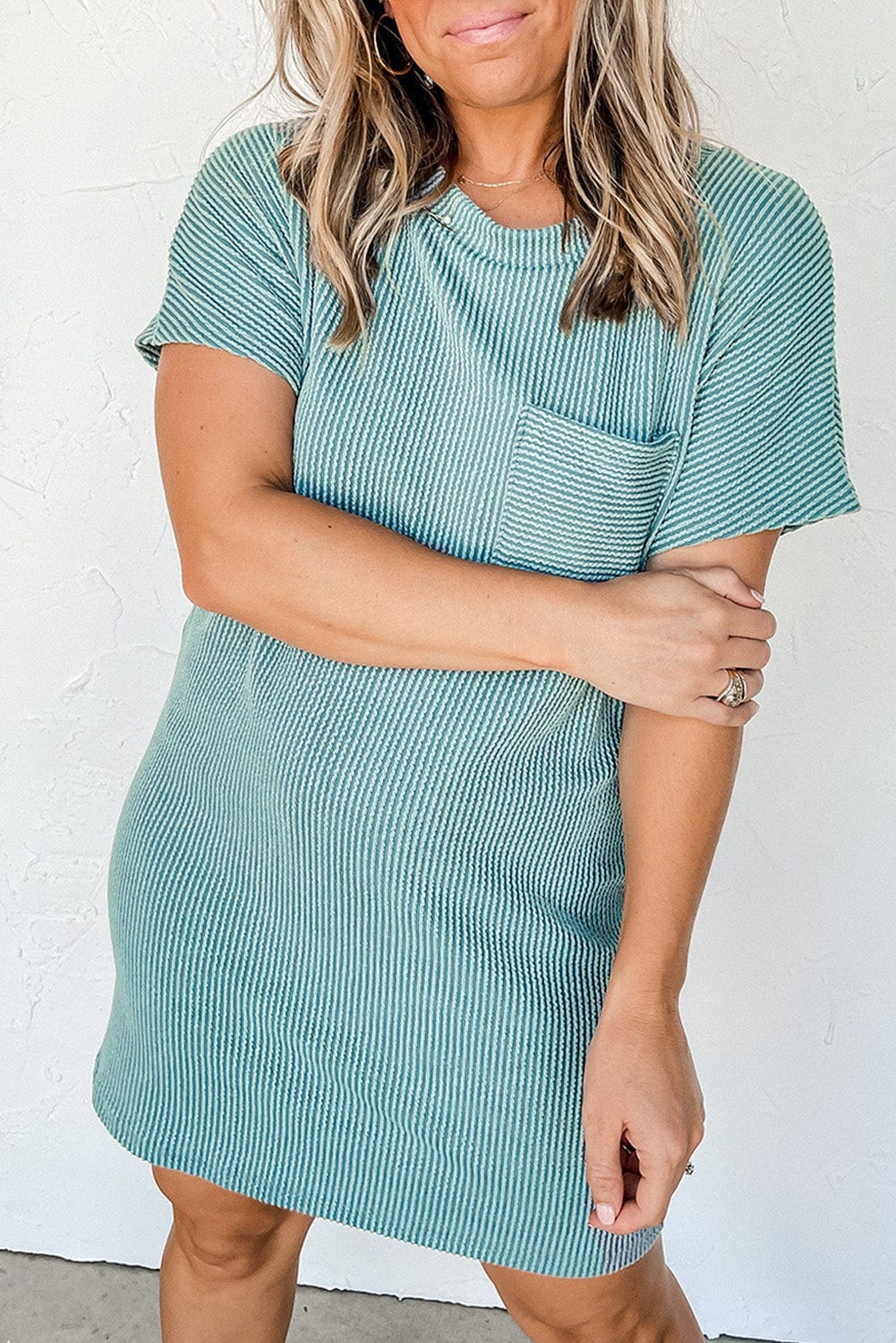 Blue Ribbed Knit T-shirt Dress with Chic Stripes