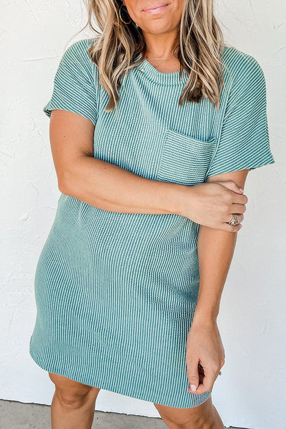 Blue Ribbed Knit T-shirt Dress with Chic Stripes