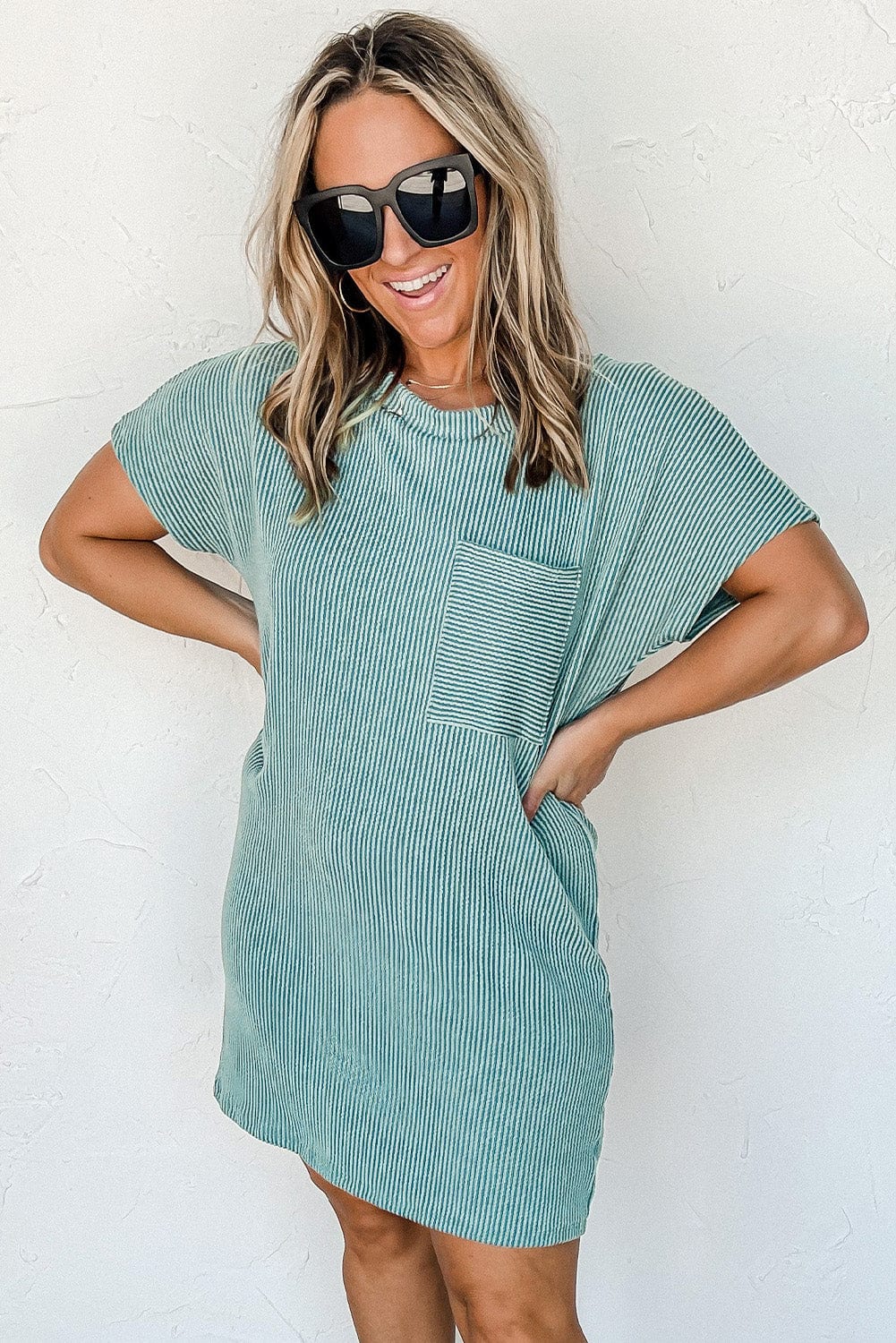 Blue Ribbed Knit T-shirt Dress with Chic Stripes