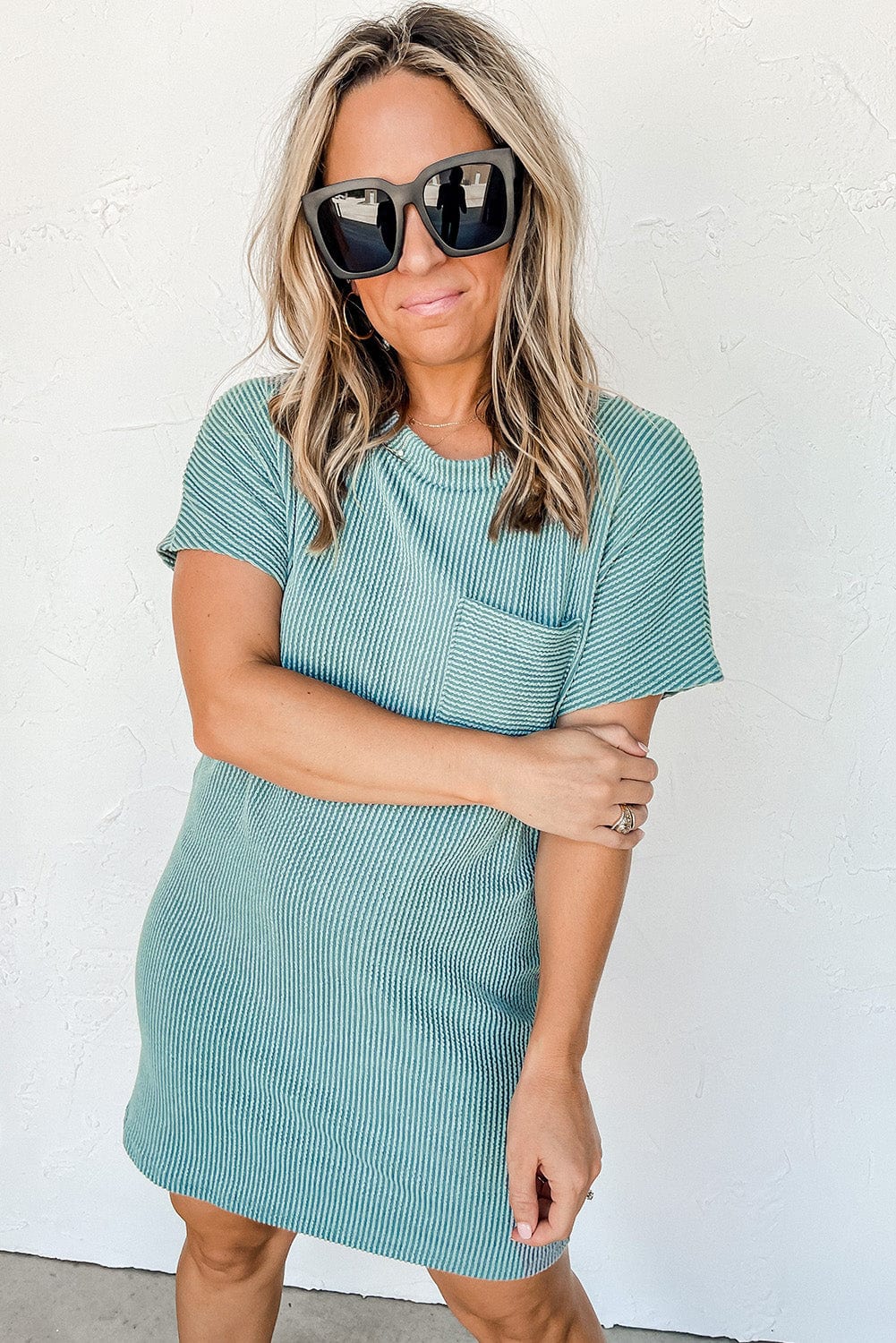 Blue Ribbed Knit T-shirt Dress with Chic Stripes