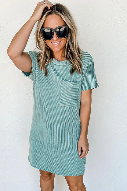 Blue Ribbed Knit T-shirt Dress with Chic Stripes