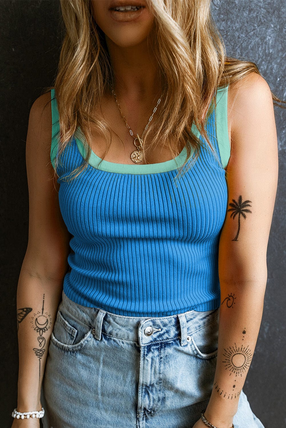 Blue Ribbed Knit U Neck Tank Top with Colorblock Detail