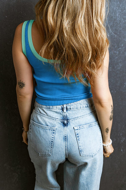 Blue Ribbed Knit U Neck Tank Top with Colorblock Detail