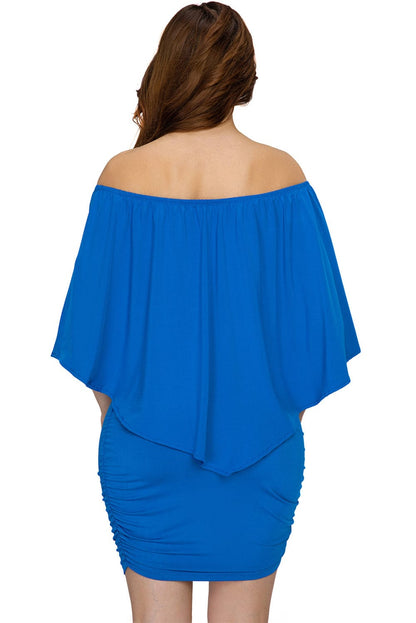 Blue Ruffle Layered Poncho Mini Dress with Versatile Neckline