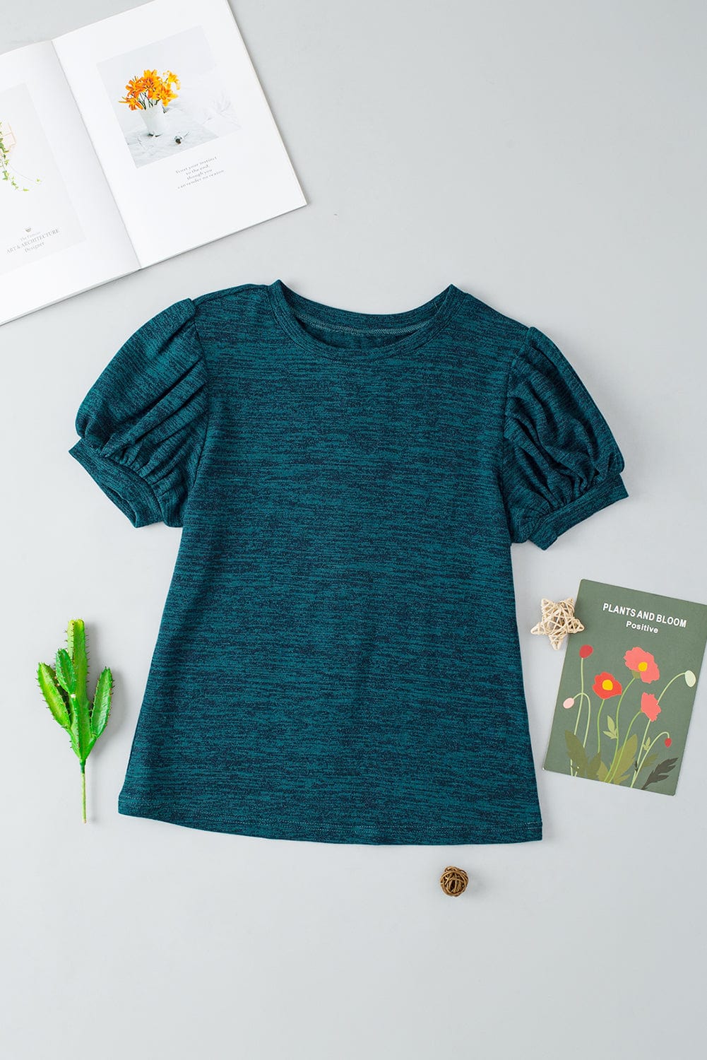 Blue Sapphire Button Detail Puff Sleeve Top