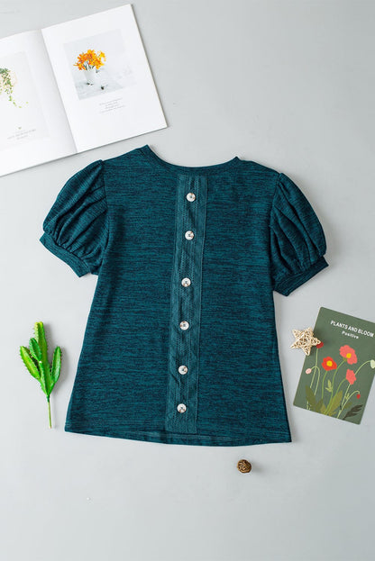 Blue Sapphire Button Detail Puff Sleeve Top