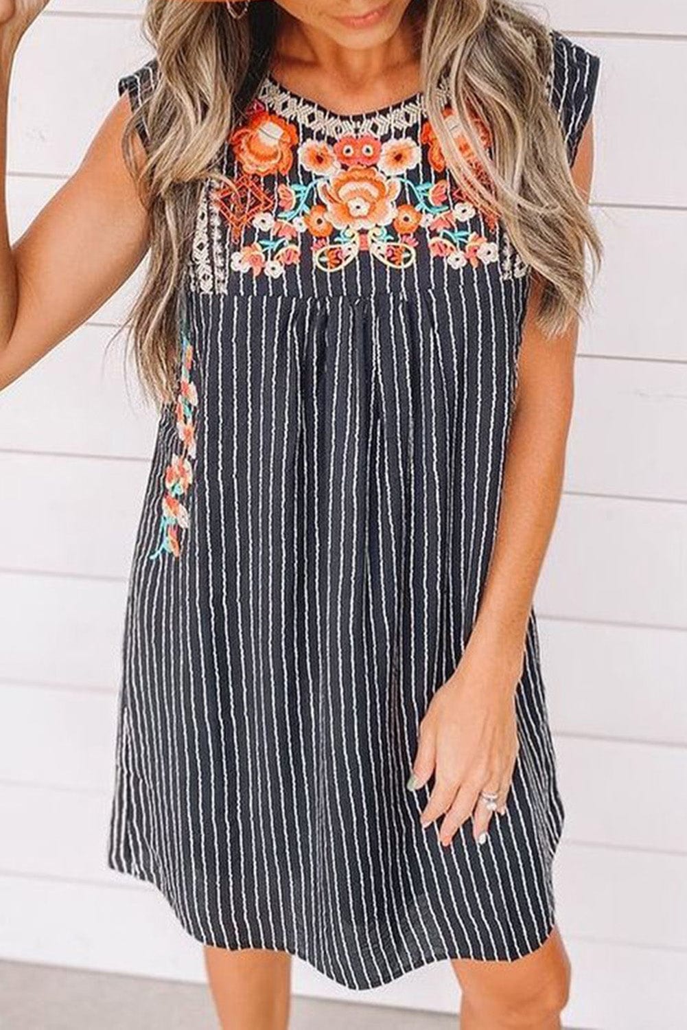 Blue Striped Embroidered Sleeveless Mini Dress with Southern Belle Style