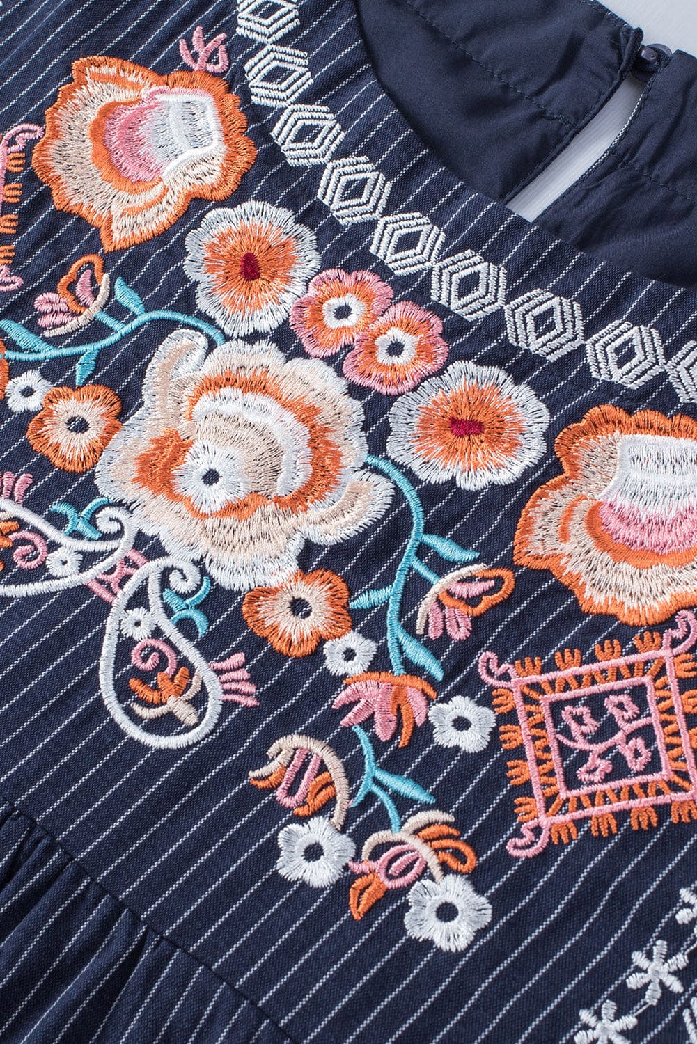 Blue Striped Embroidered Sleeveless Mini Dress with Southern Belle Style