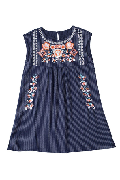 Blue Striped Embroidered Sleeveless Mini Dress with Southern Belle Style