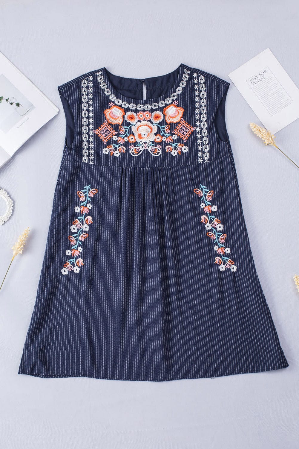 Blue Striped Embroidered Sleeveless Mini Dress with Southern Belle Style