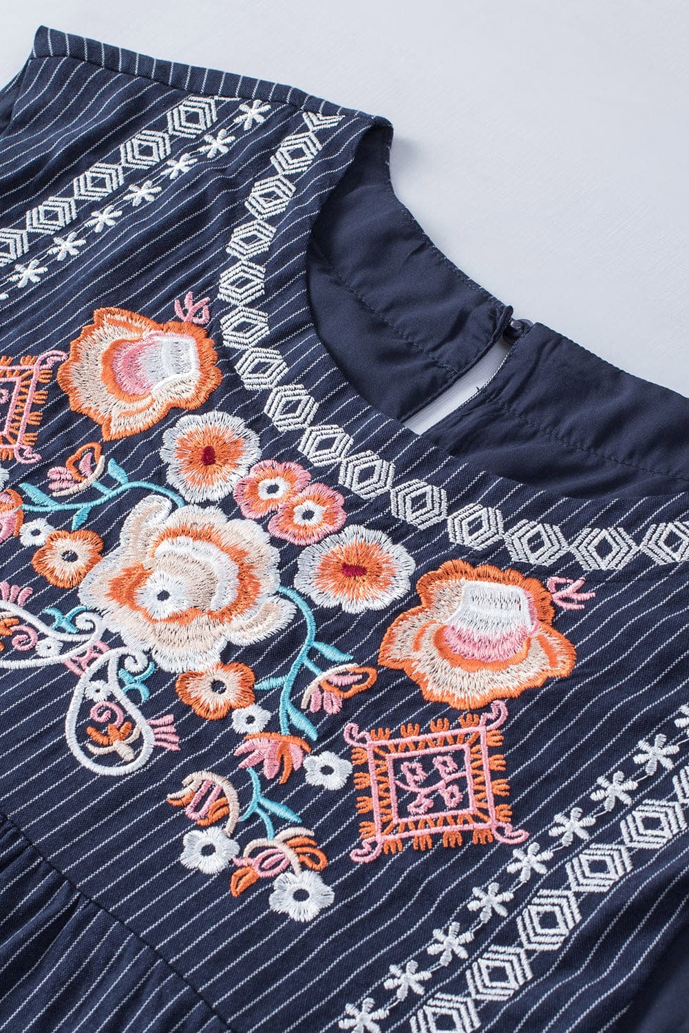 Blue Striped Embroidered Sleeveless Mini Dress with Southern Belle Style