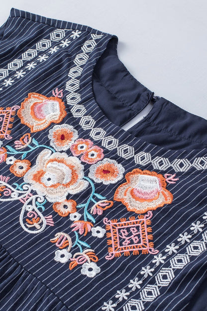 Blue Striped Embroidered Sleeveless Mini Dress with Southern Belle Style