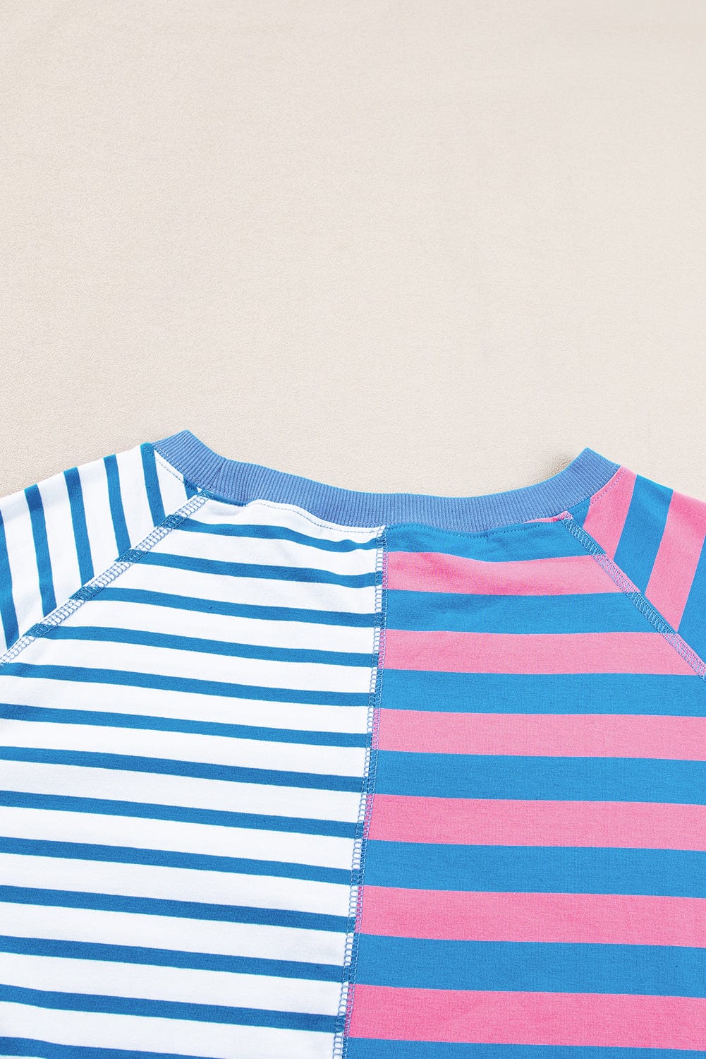 Blue Striped Oversized T Shirt with Color Block Contrast