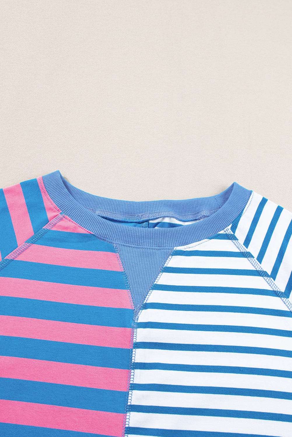 Blue Striped Oversized T Shirt with Color Block Contrast