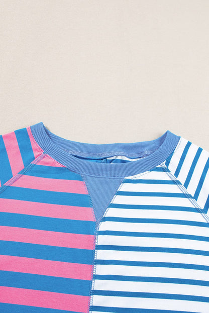 Blue Striped Oversized T Shirt with Color Block Contrast