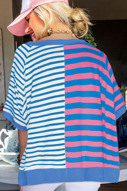 Blue Striped Oversized T Shirt with Color Block Contrast